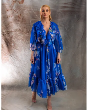 Rochie din sifon cu model floral Osaka, Roz somon/Albastru royal