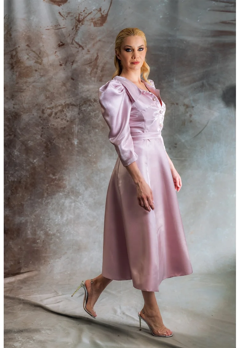 Rochie din tafta cu nasturi tip bijuterie Hayati, Roz pastel