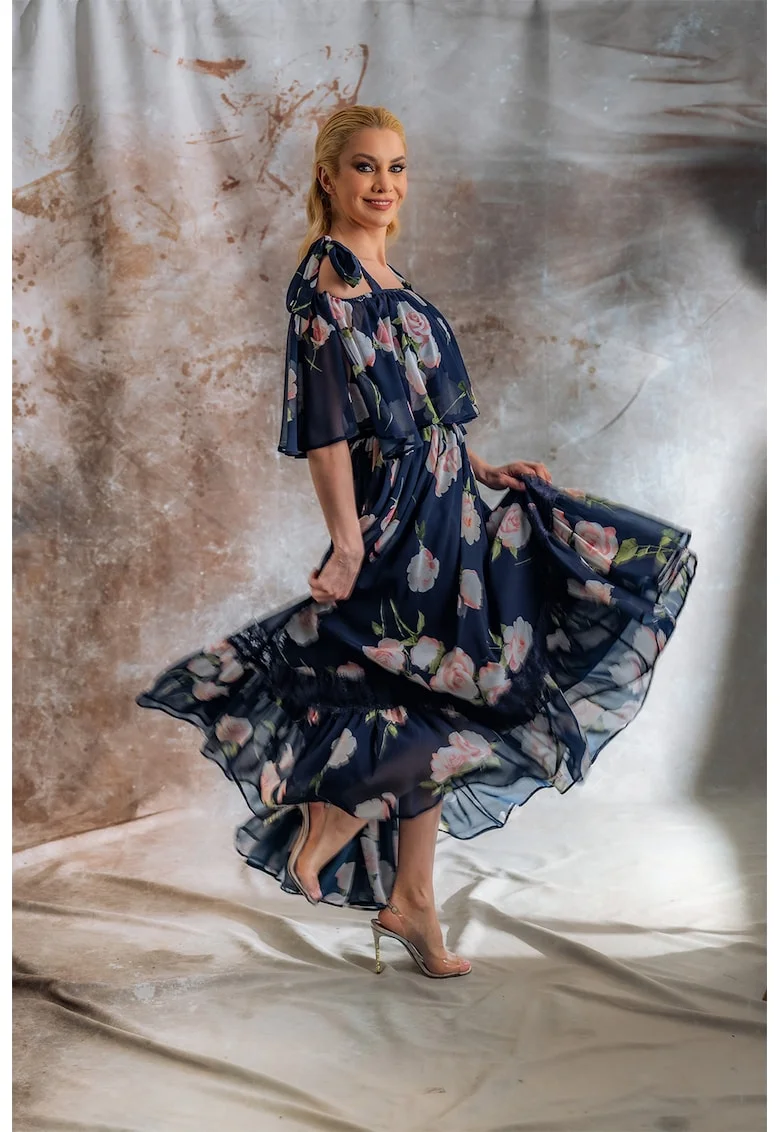 Rochie maxi din amestec de matase Siera, Roz somon/Bleumarin