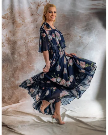Rochie maxi din amestec de matase Siera, Roz somon/Bleumarin