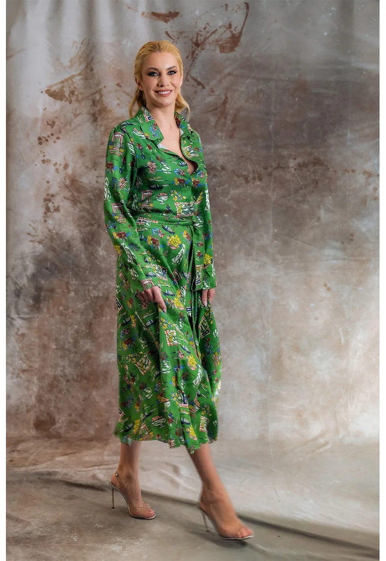 Rochie evazata din amestec de matase Rowan, Galben/Verde lime