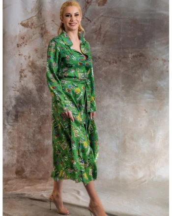 Rochie evazata din amestec de matase Rowan, Galben/Verde lime
