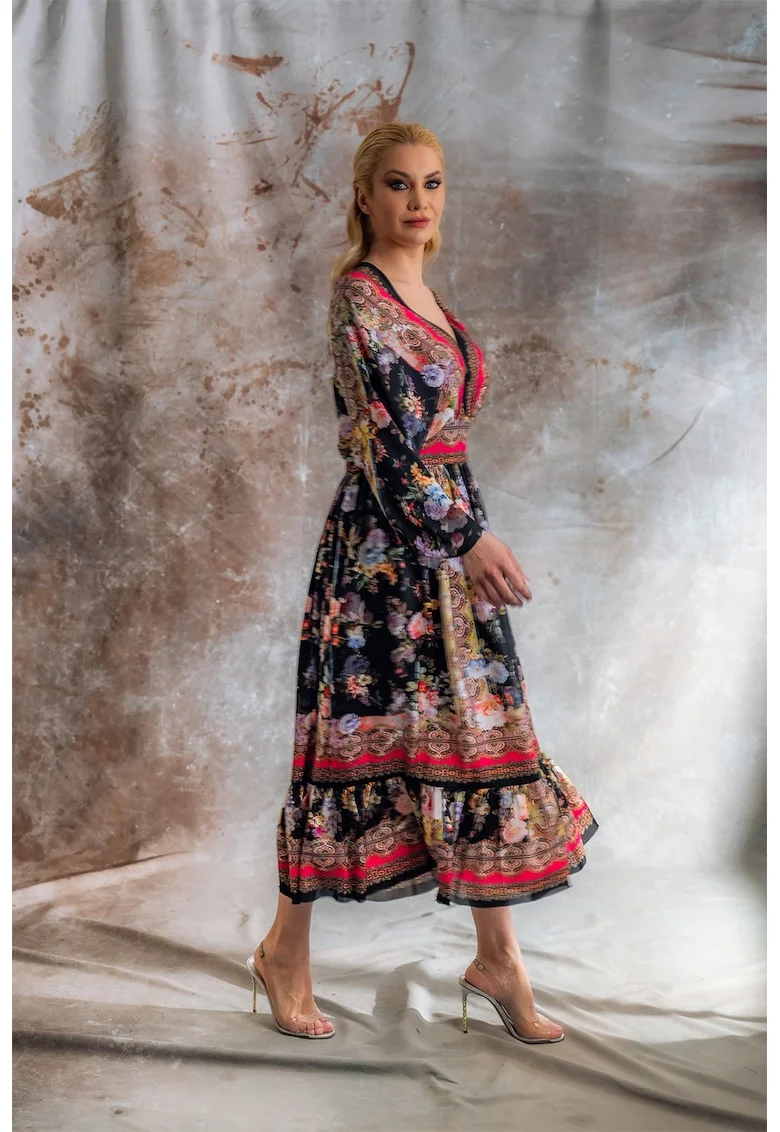 Rochie din amestec de matase Willa, Negru/Albastru pal/Caramiziu