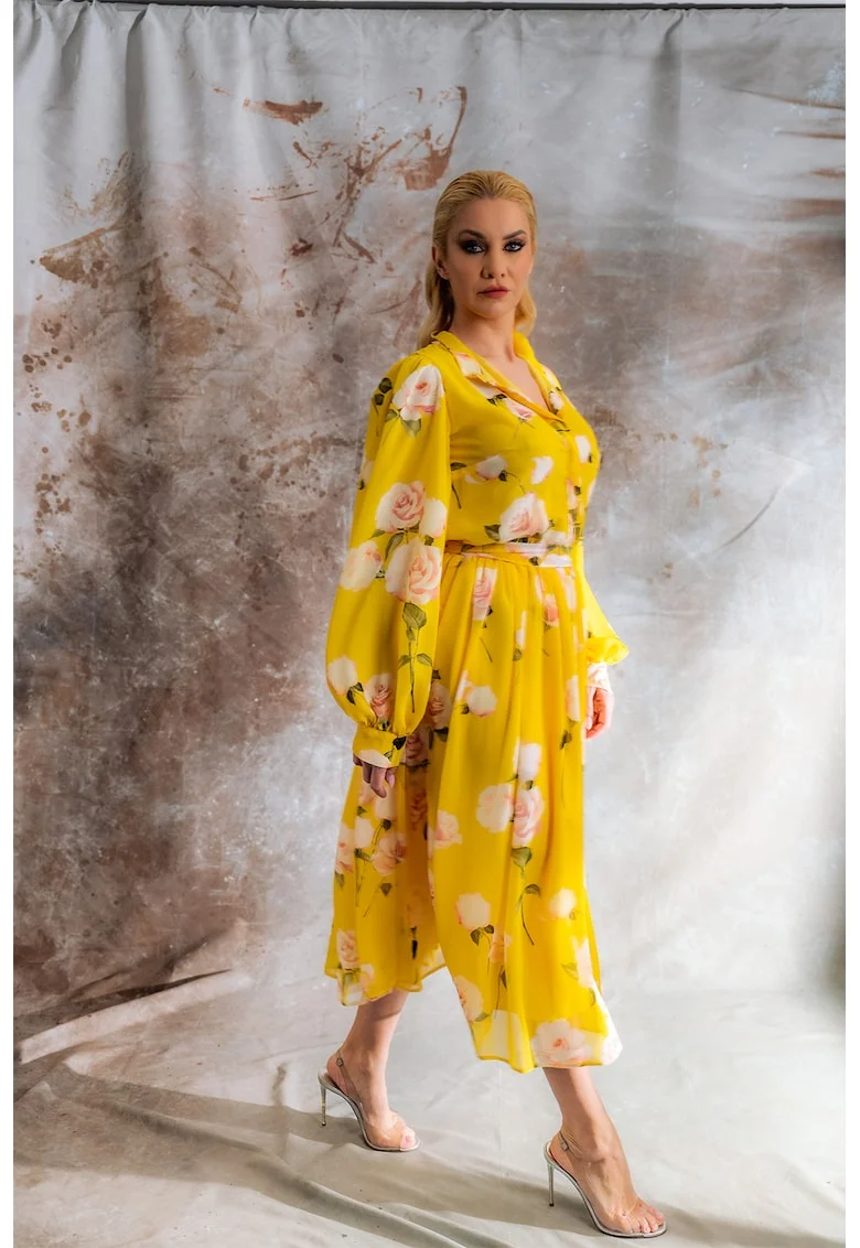 Rochie din amestec de matase Sundream, Galben sofran