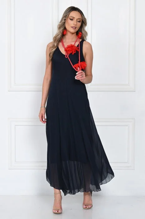 Rochie lunga din matase cu croi fluid si bretele fine, eleganta, bleumarin