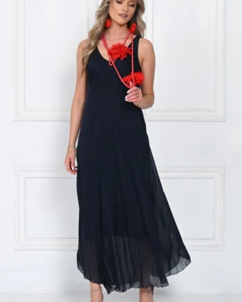 Rochie lunga din matase cu croi fluid si bretele fine, eleganta, bleumarin