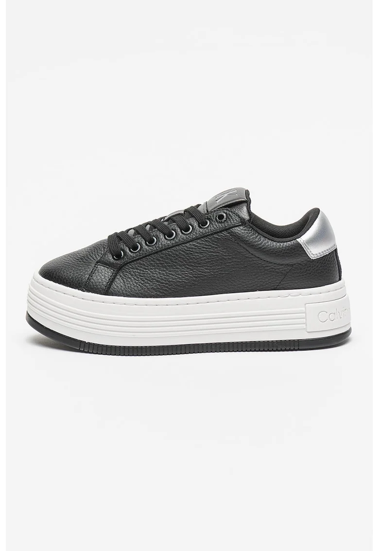 Pantofi sport flatform din piele, Negru stins/Alb optic/Argintiu