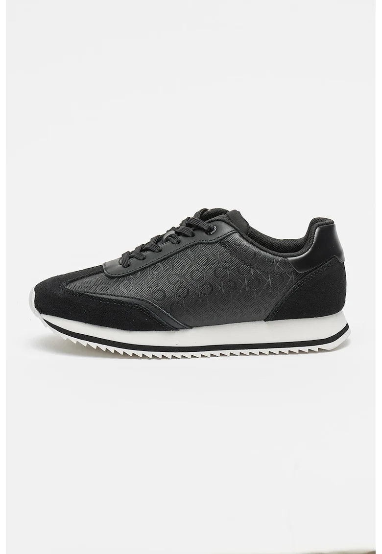Pantofi sport din piele ecologica cu garnituri din piele intoarsa, pentru alergat, Negru/Alb murdar