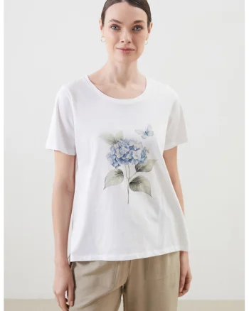 Tricou din bumbac cu imprimeu floral, Alb murdar/Albastru deschis