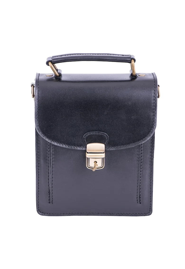 Geanta key leather vertical, Negru