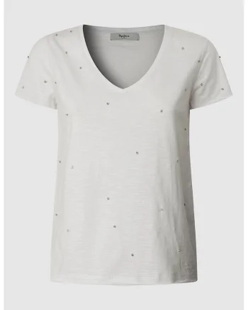 Tricou cu decolteu in V si strasuri, Alb