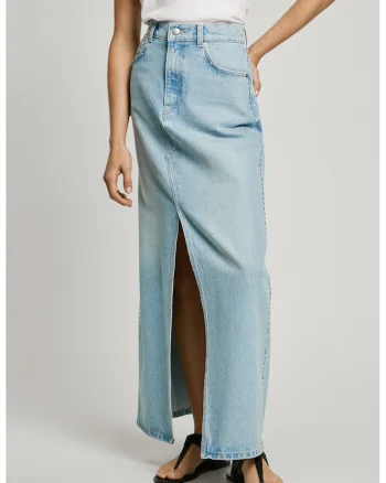 Fusta maxi din denim cu slit frontal, Albastru deschis