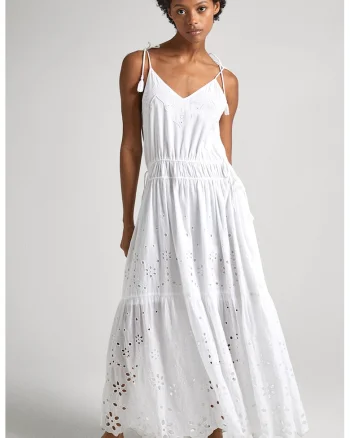 Rochie maxi din bumbac cu decolteu in V, Alb