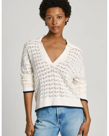 Pulover polo cu model pointelle, Alb