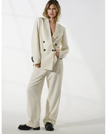 Pantaloni uni cu croiala ampla Casey, Alb murdar