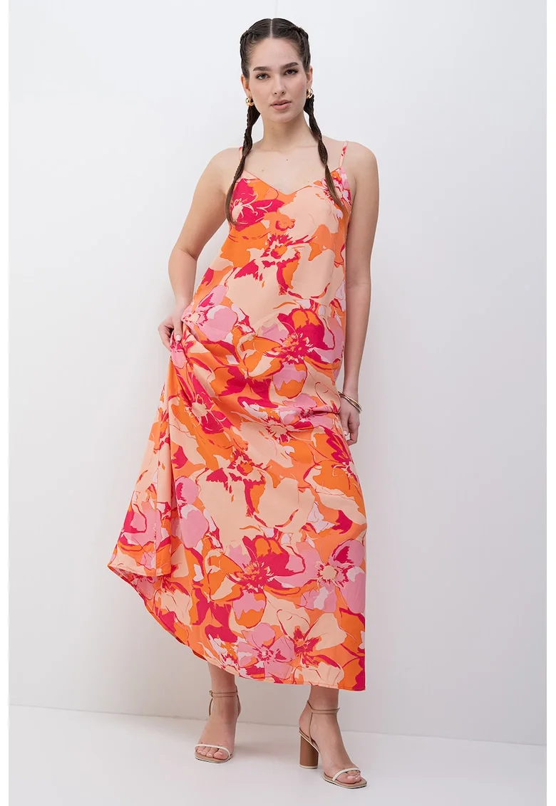 Rochie lunga cu animal print si decolteu in V, Portocaliu/Roz