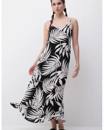 Rochie lunga cu animal print si decolteu in V, Alb/Negru