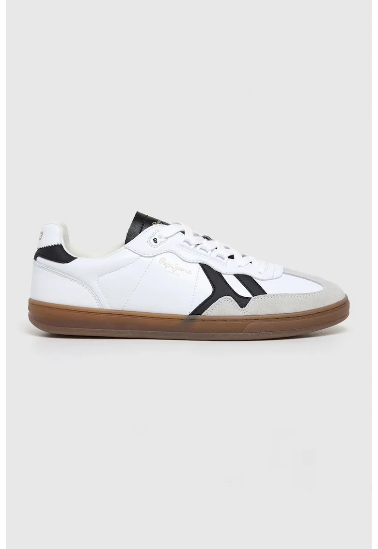 Pantofi sport de piele cu insertii de piele intoarsa, Alb/Negru/Gri deschis