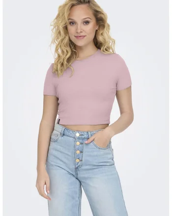 Tricou crop cu decolteu la baza gatului, Roz prafuit
