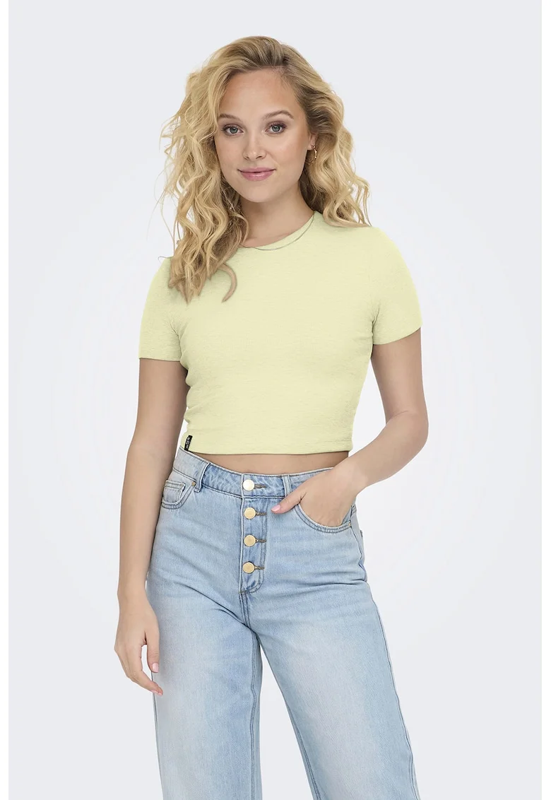 Tricou crop cu decolteu la baza gatului, Galben deschis