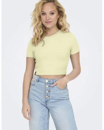 Tricou crop cu decolteu la baza gatului, Galben deschis