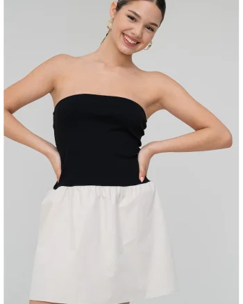 Rochie combi fara maneci, Alb fildes/Negru
