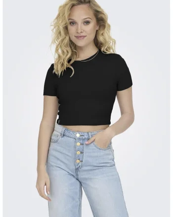 Tricou crop cu decolteu la baza gatului, Negru