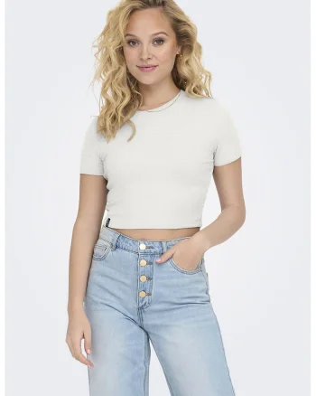 Tricou crop cu decolteu la baza gatului, Alb murdar