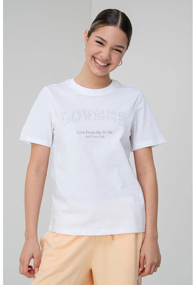 Tricou de bumbac organic cu strasuri, Alb/Argintiu