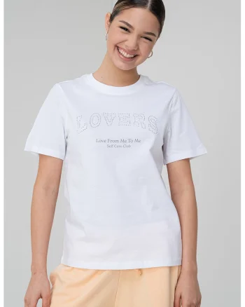 Tricou de bumbac organic cu strasuri, Alb/Argintiu