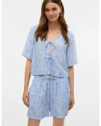 Bluza cu model floral si prinderi laterale, Rosu/Alb/Albastru lavanda