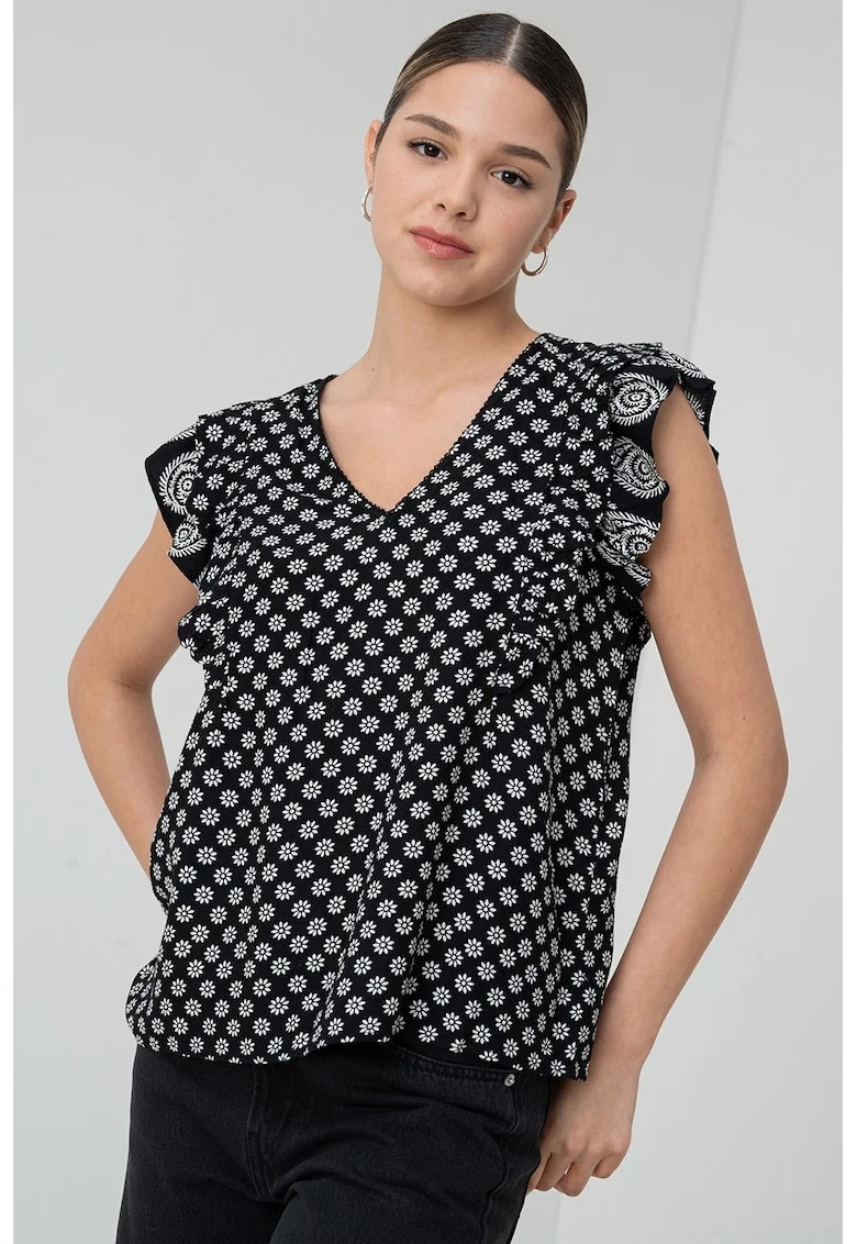 Bluza cu model floral si decolteu in V, Alb/Negru