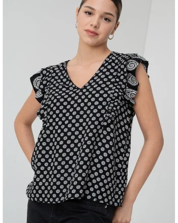 Bluza cu model floral si decolteu in V, Alb/Negru