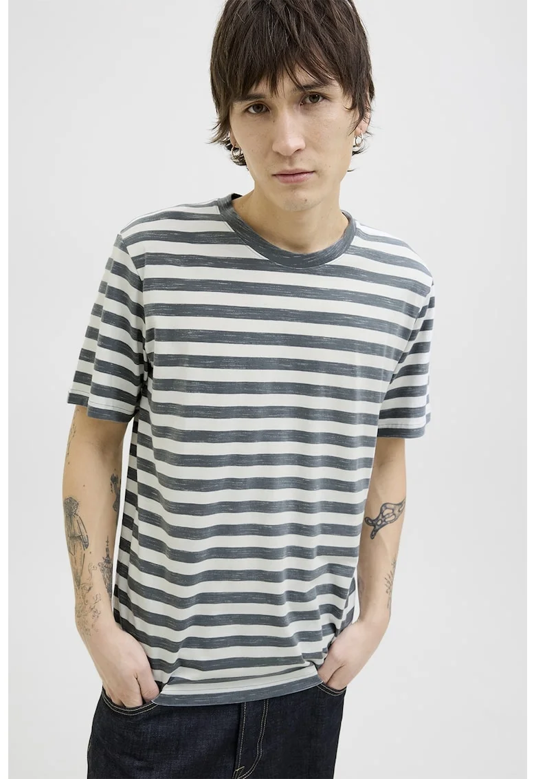 Tricou cu decolteu la baza gatului si model in dungi, Alb optic/Gri antracit