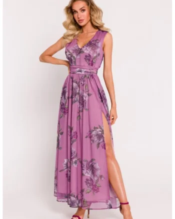 Rochie maxi din sifon cu deschidere inalta, Mov liliachiu