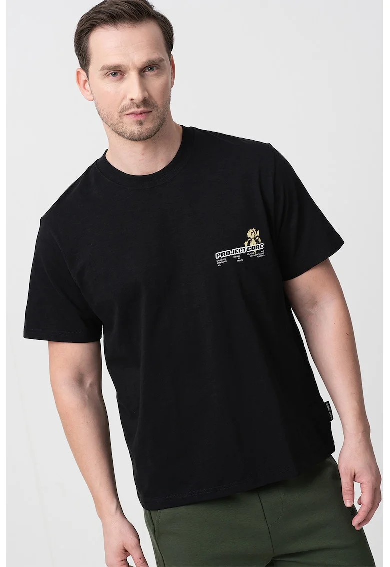 Tricou cu decolteu la baza gatului si imprimeu pe piept Recharge, Negru/Galben deschis