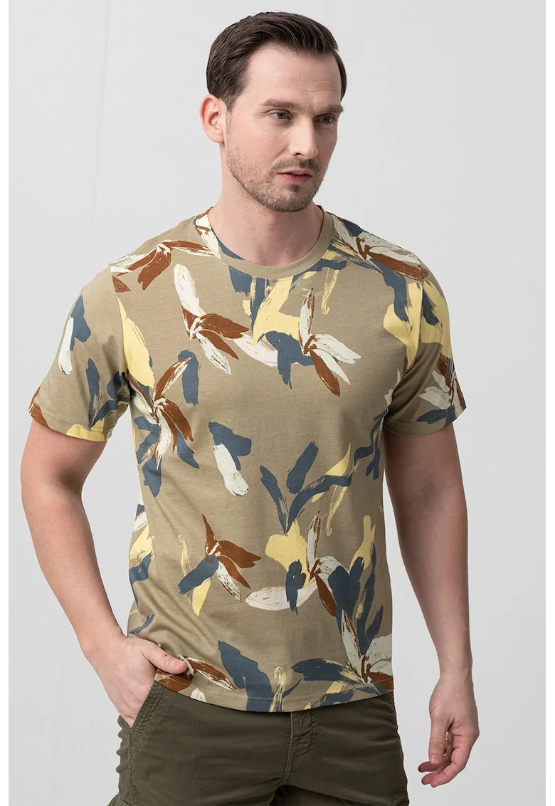 Tricou cu decolteu la baza gatului si model, Galben/Albastru prafuit/Maro taupe