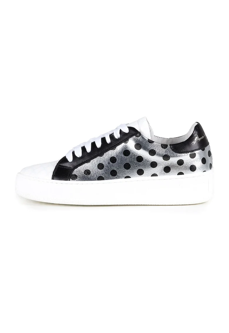 Pantofi sport din piele cu model cu buline, Negru/Alb murdar/Argintiu