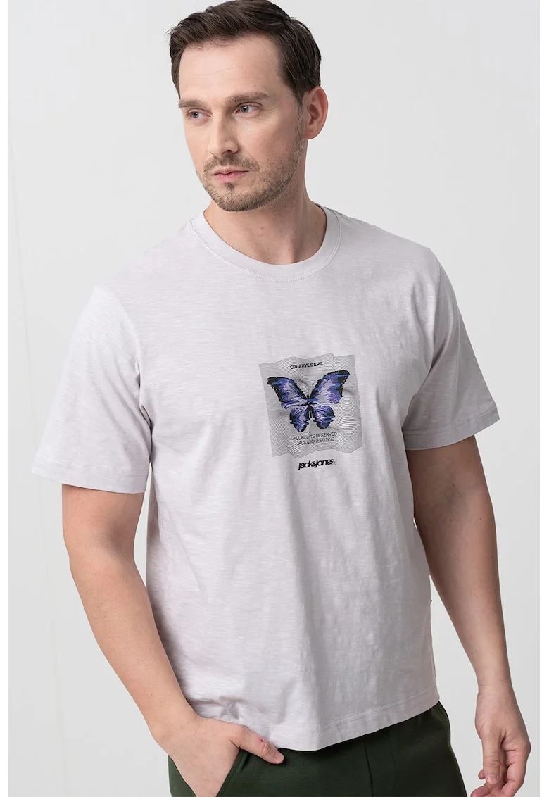 Tricou cu imprimeu grafic si decolteu la baza gatului, Negru/Gri deschis melange/Ametist