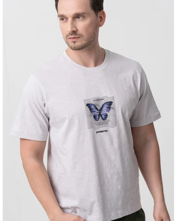 Tricou cu imprimeu grafic si decolteu la baza gatului, Negru/Gri deschis melange/Ametist