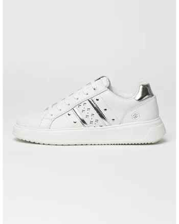 Pantofi sport de piele ecologica cu detalii perforate Pria, Alb/Argintiu