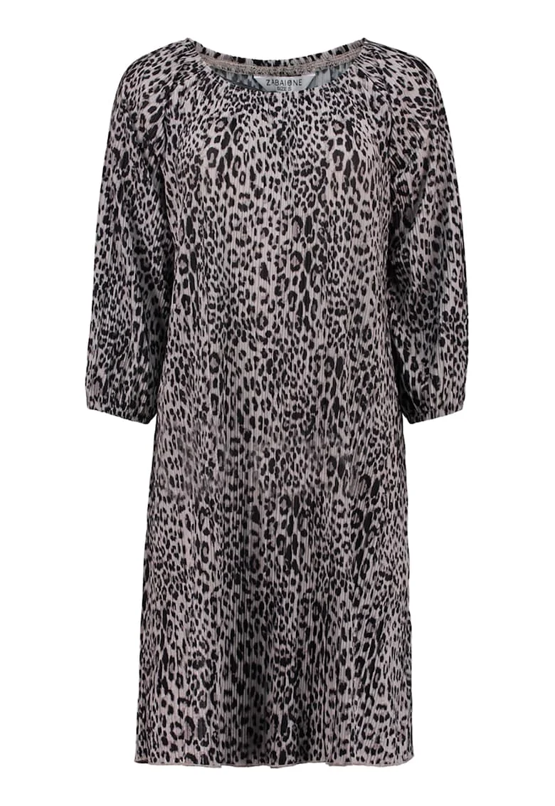 Rochie cu decilteu rotund si animal print, Negru/Bej deschis