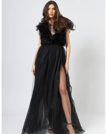 Rochie maxi din tul cu slit lateral