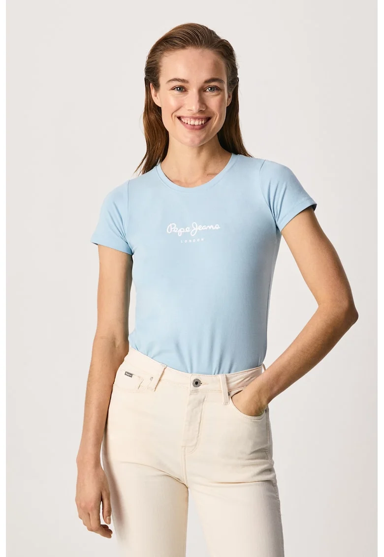 Tricou slim fit cu logo, Albastru glaciar