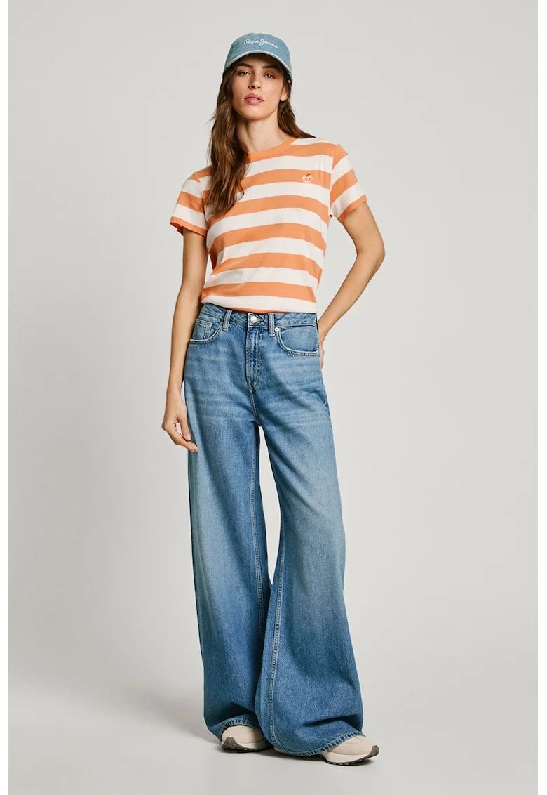 Tricou in dungi cu decolteu rotund, Alb/Portocaliu