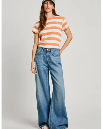 Tricou in dungi cu decolteu rotund, Alb/Portocaliu