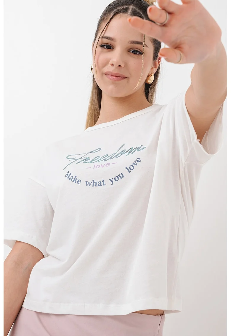 Tricou cu imprimeu si maneci cazute, Alb murdar/Argintiu