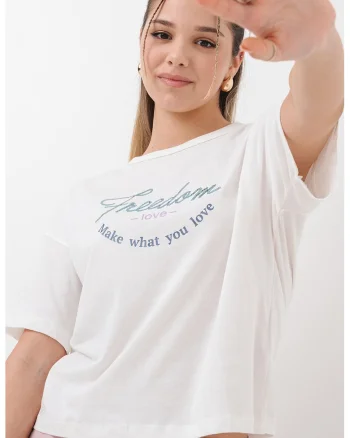 Tricou cu imprimeu si maneci cazute, Alb murdar/Argintiu