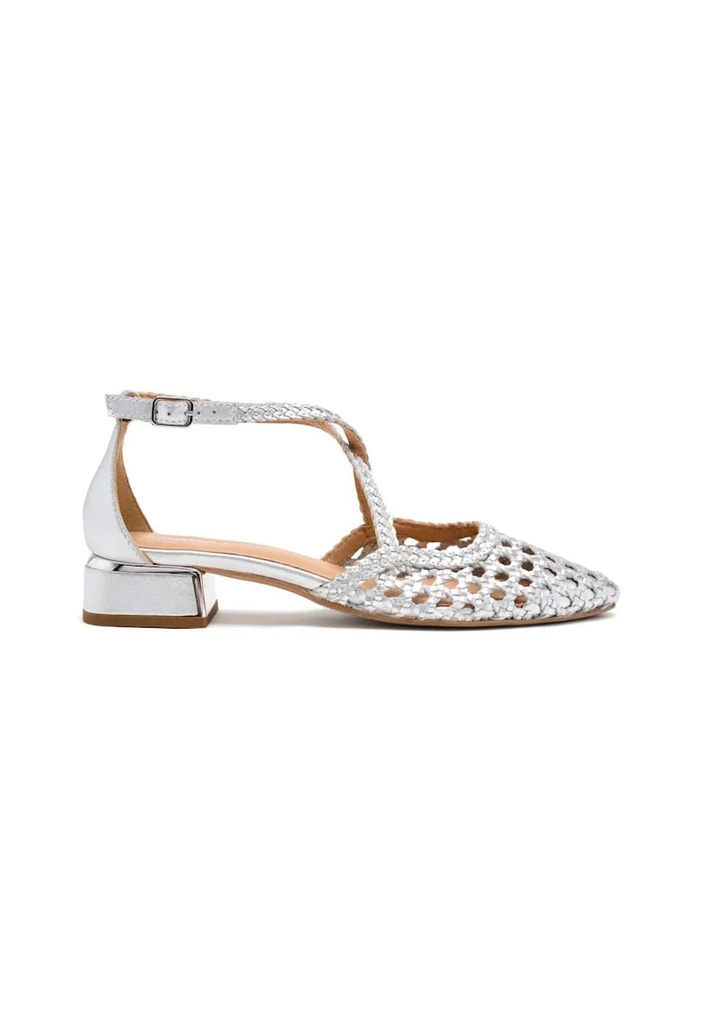 Pantofi din piele cu varf ascutit si model impletit, Argintiu