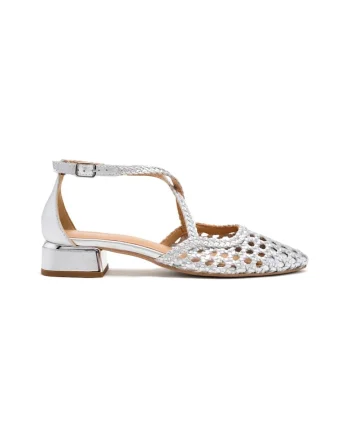 Pantofi din piele cu varf ascutit si model impletit, Argintiu